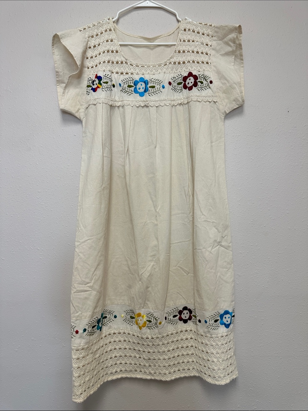 Womens traditional vintage ivory Embroidered Floral Dress - boho festival style